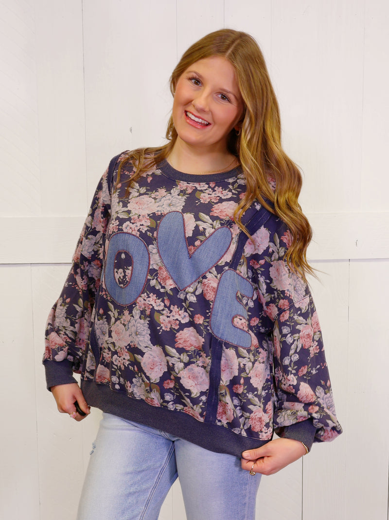 Easel Vintage Rose LOVE Embroidered Sweater Pullover Top