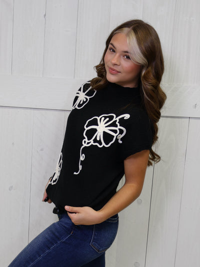 Mock Neck Black Floral Trim Sweater