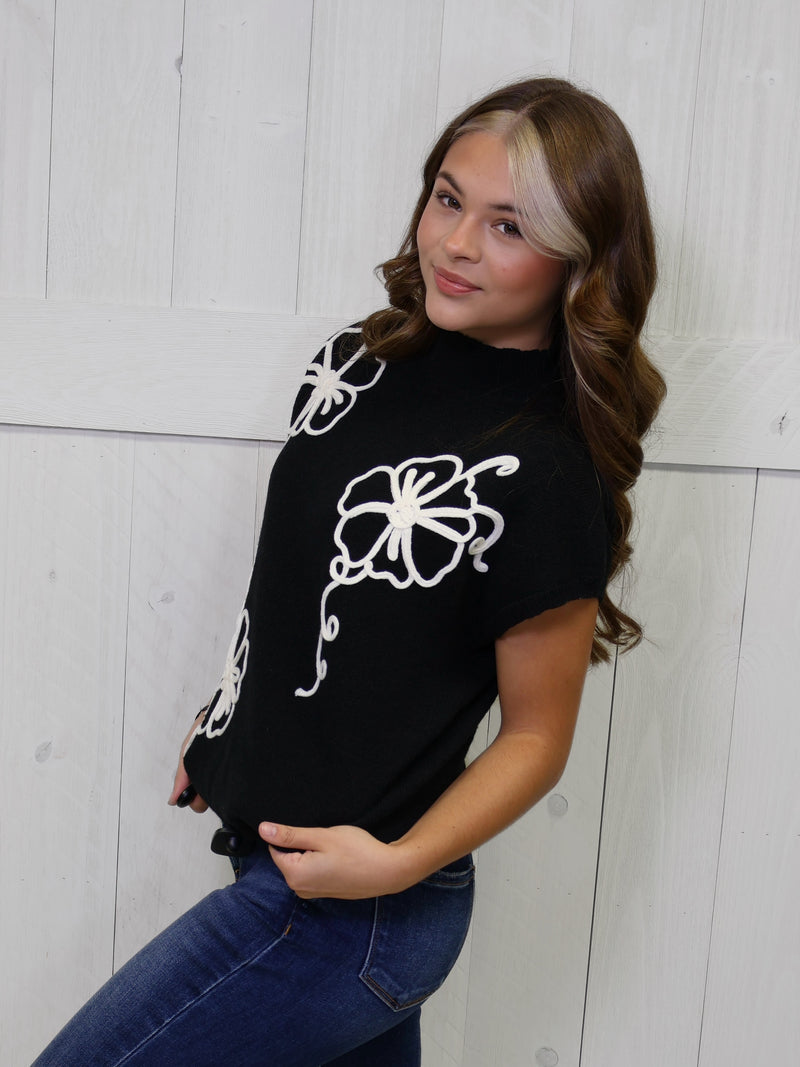 Mock Neck Black Floral Trim Sweater