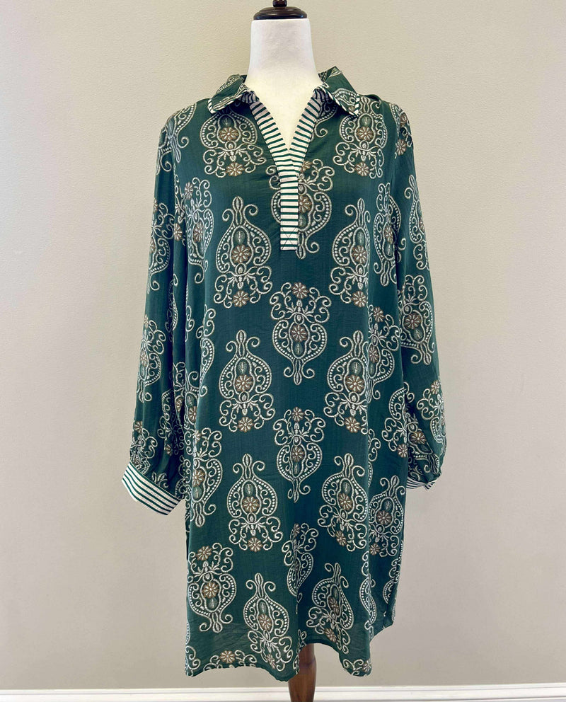 Curvy Olive Long Sleeve Print Dress