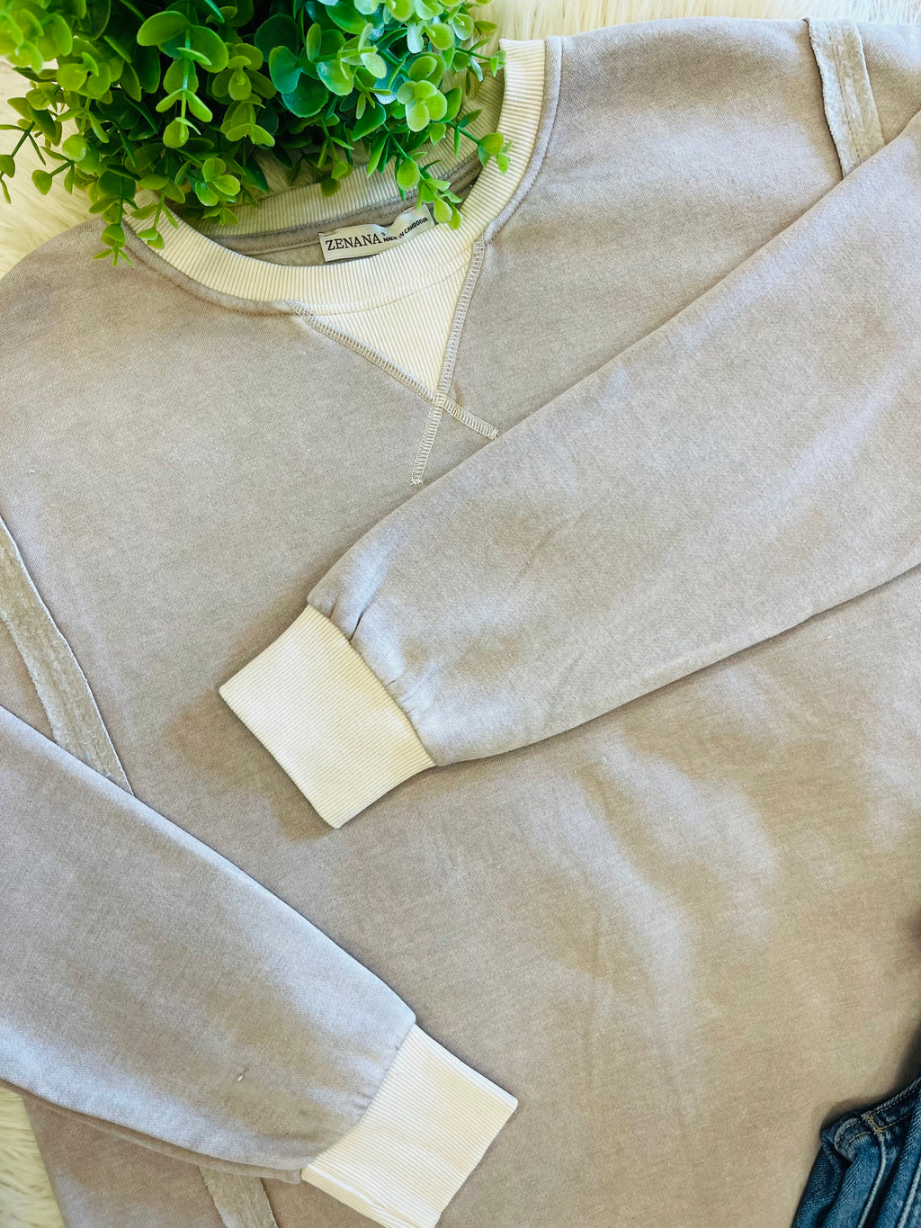 Women’s Zenana Washed Exposed Seam Sweatshirt In Washed Taupe
