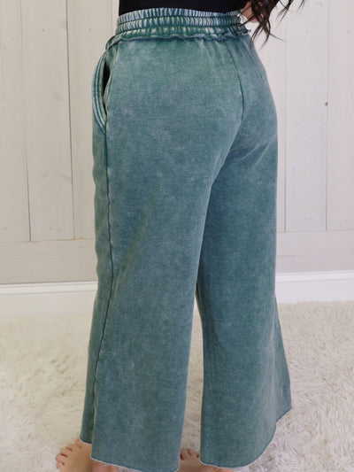 Dark Green Acid Wash Fleece Palazzo pants with pockets
