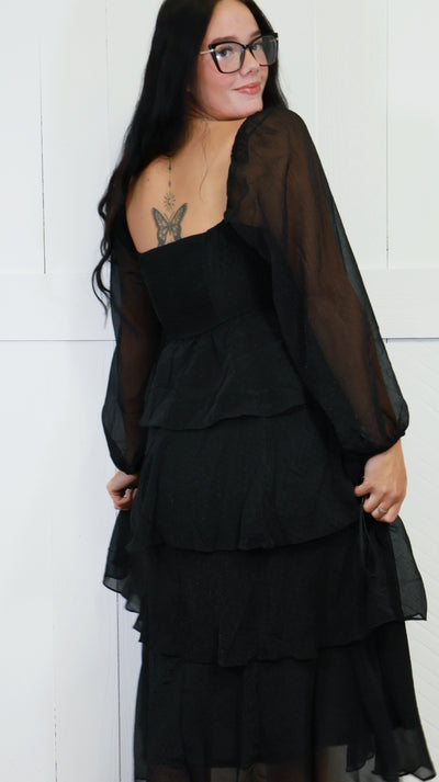 Women’s Black Ruffle Tiered Midi Dress