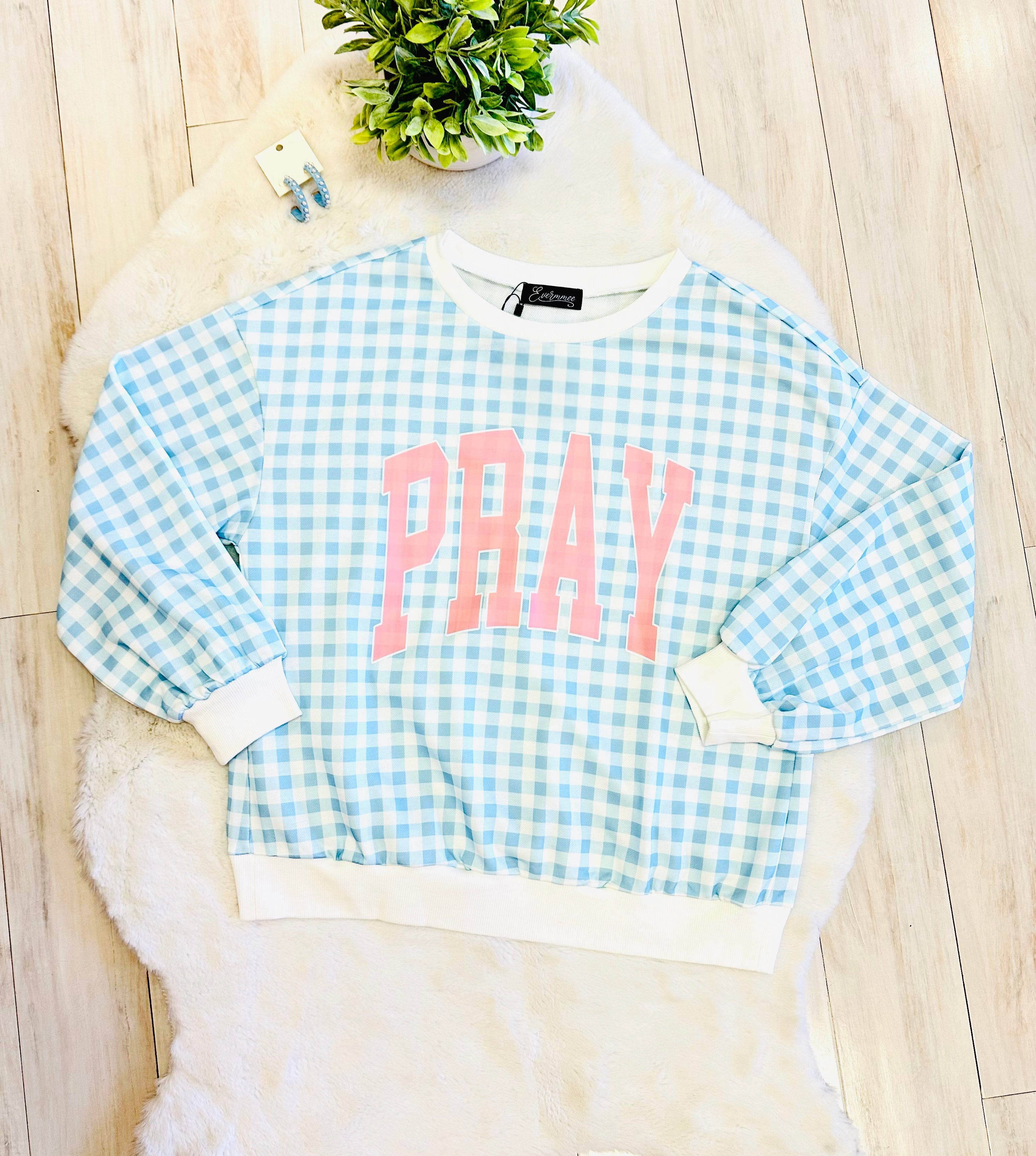 Women’s Blue Gingham Pray Crewneck