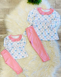 Girl’s Pink Floral and Blue Bow Pattern with Ruffle Collar Outfit
