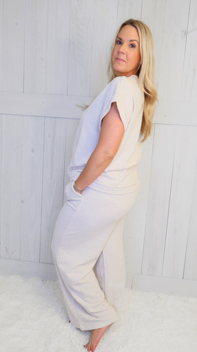 Zenana Slub Short Sleeve Pant Set Sand Beige