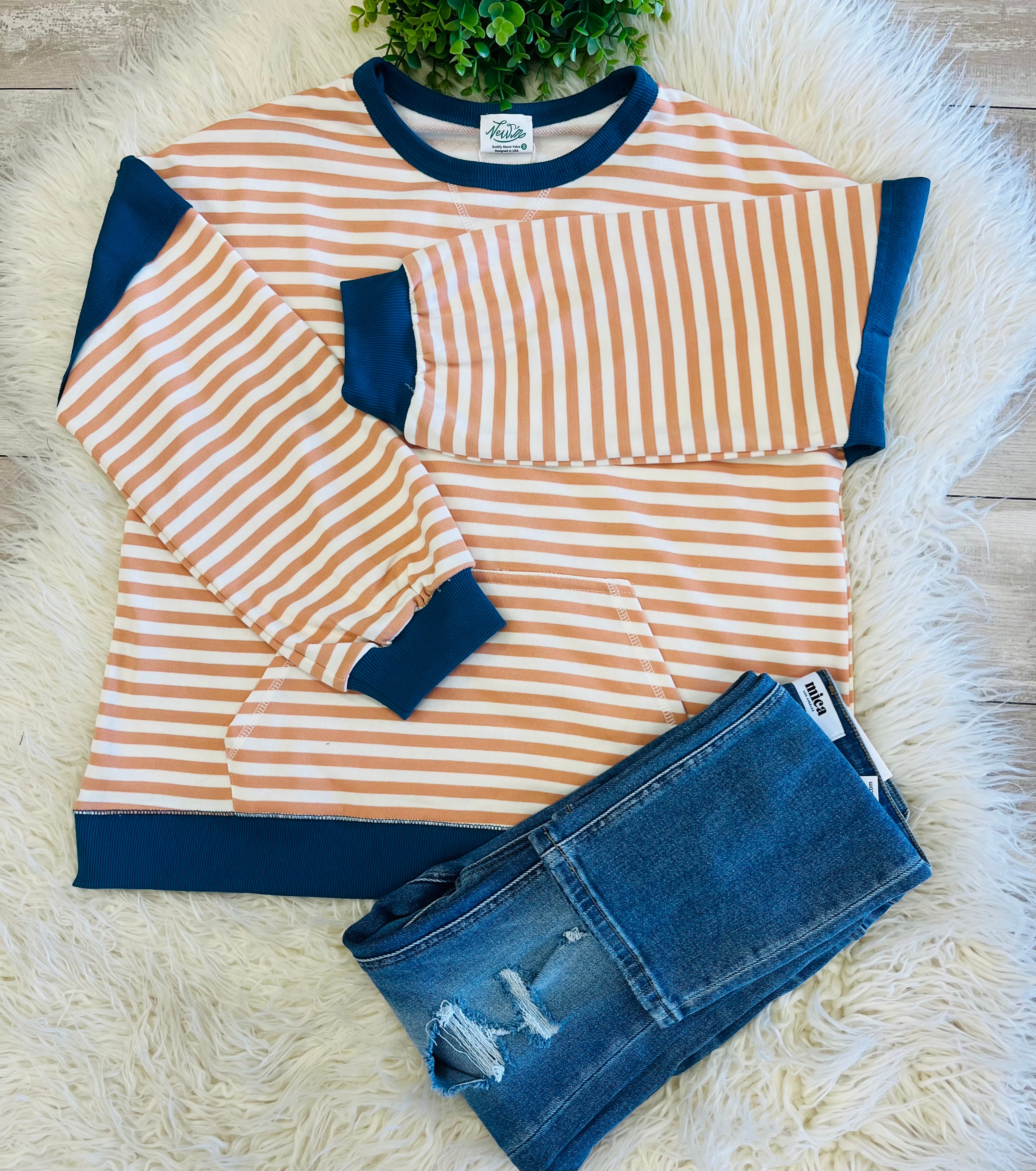 Women’s Peach and White Stripe with Teal Detail Front Pocket Long Sleeve - Oversized