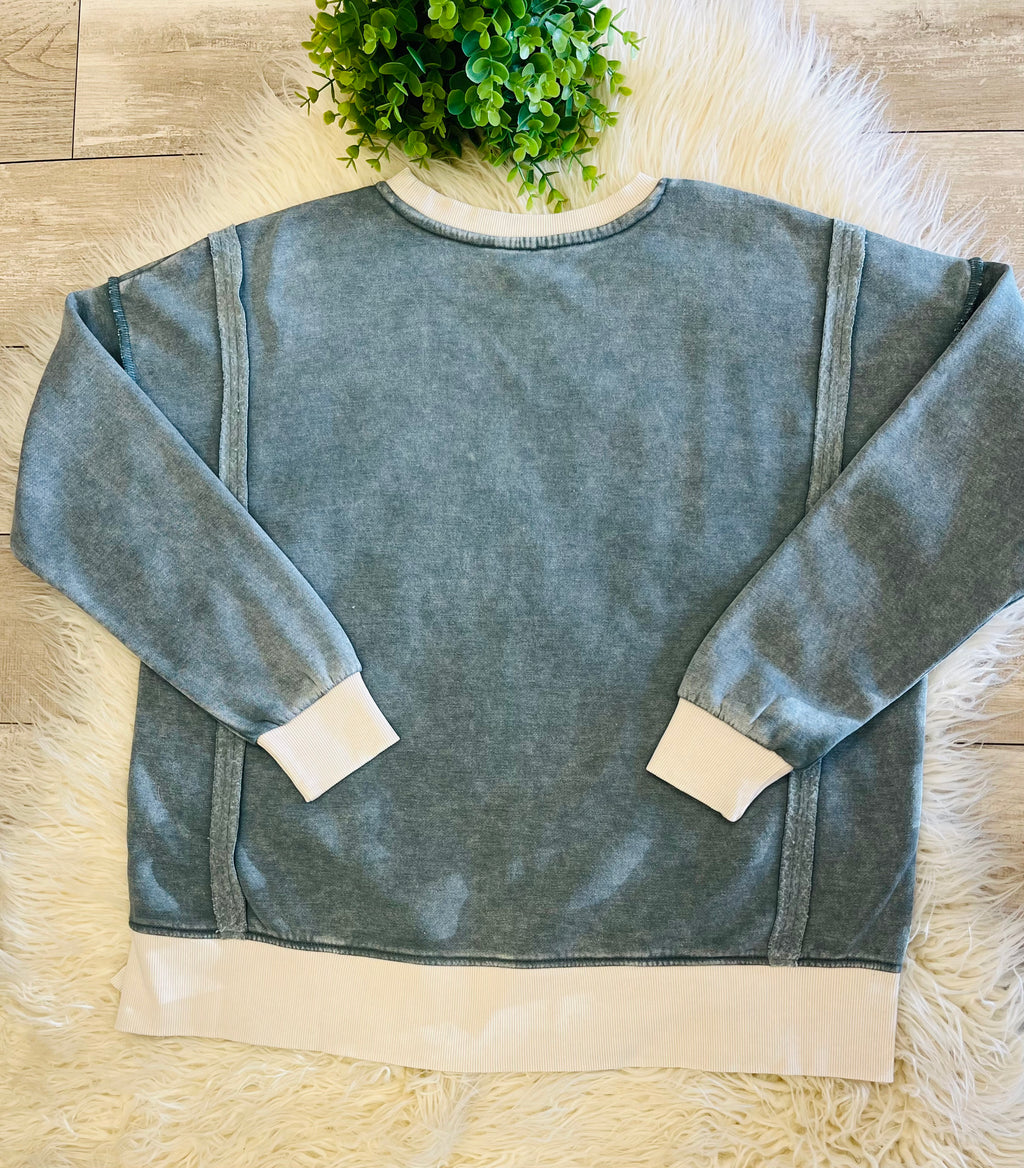 Women’s Zenana Washed Exposed Seam Sweatshirt In Antique Indigo