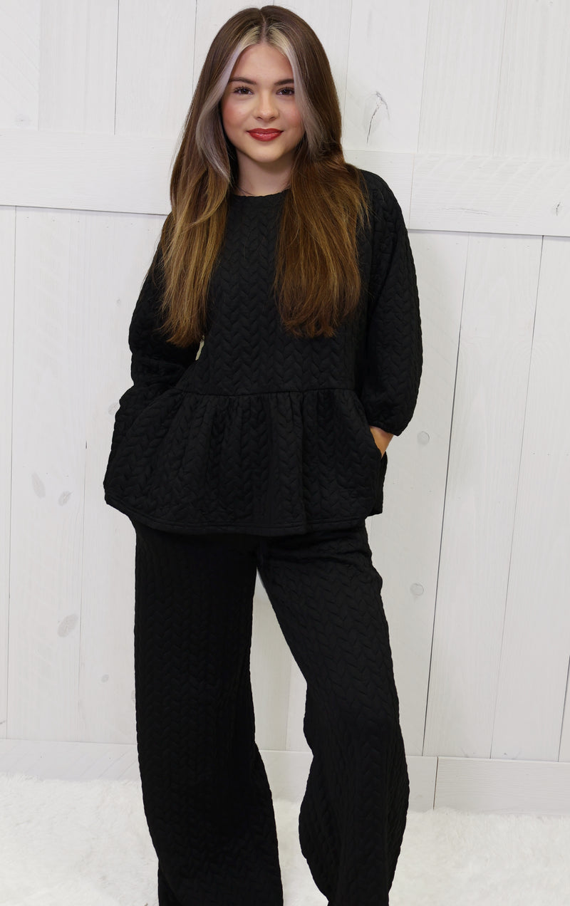 Quilted Peplum Wide Pant Black Two Piece Set