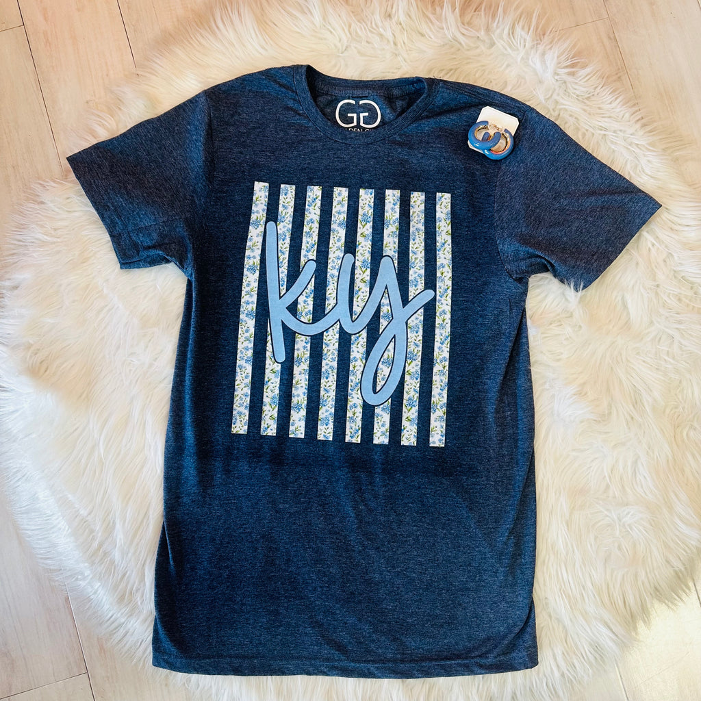 Women’s blue floral stripe KY tee shirt