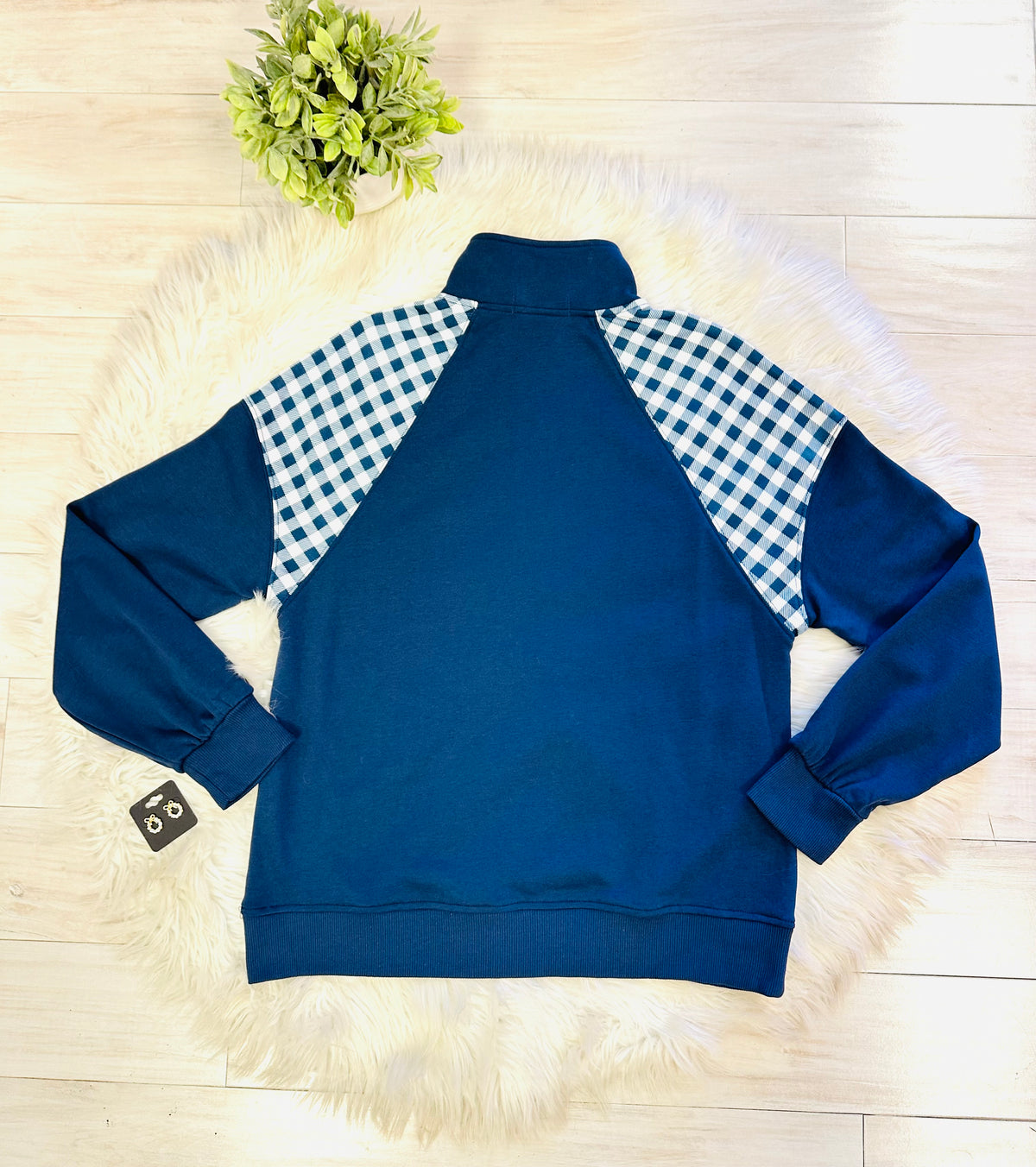 Women’s Evermmee Blue Gingham Quarter Zip Sweater Top - True to Size
