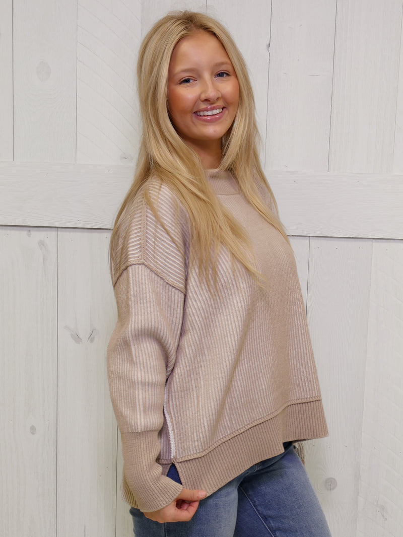 Zenana Exposed Seam Two Tone Ash Mocha Sweater