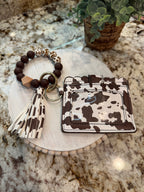 Wristlet ID Badge Pouch Keychain Brown Cow Print