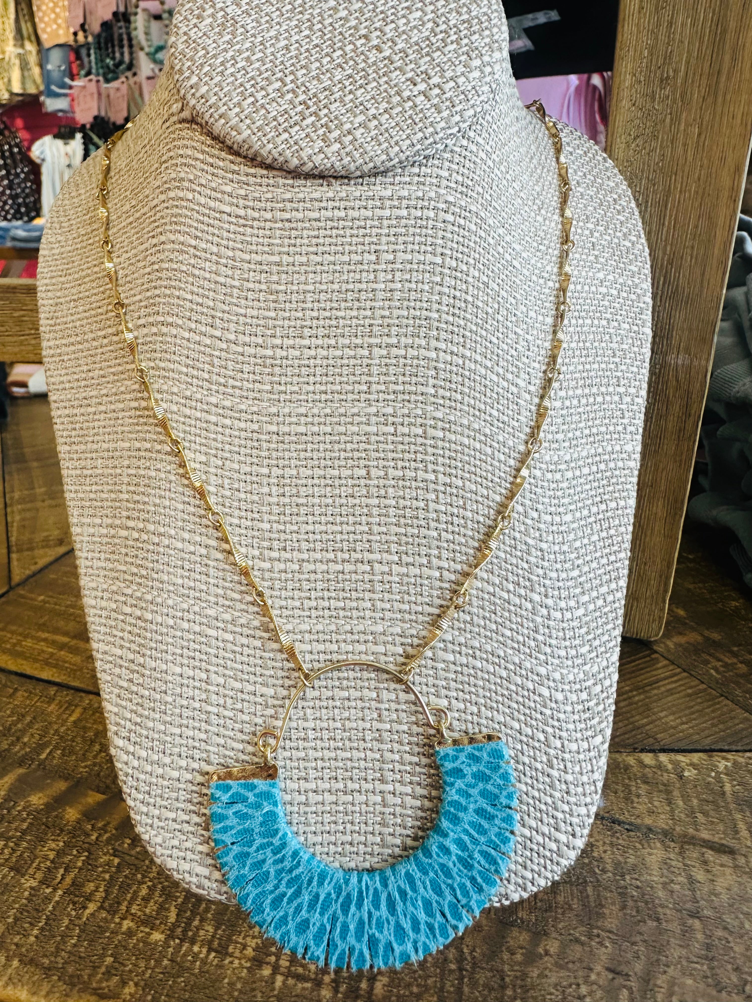 Women’s Gold and Teal Fabric Dangling Necklace
