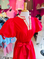 Women’s Jodifl Red Puff Sleeve Waist Tie Dress