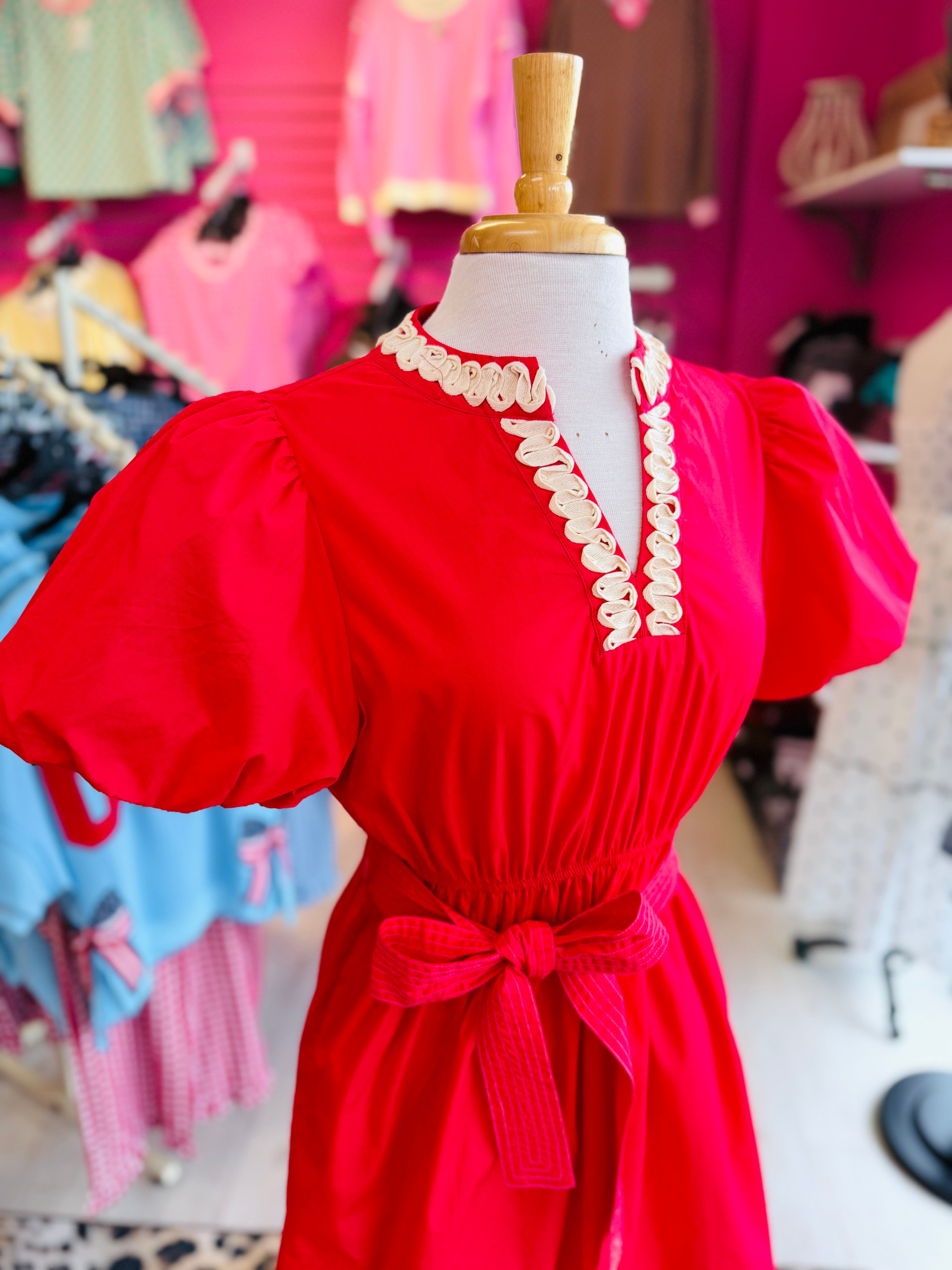 Women’s Jodifl Red Puff Sleeve Waist Tie Dress