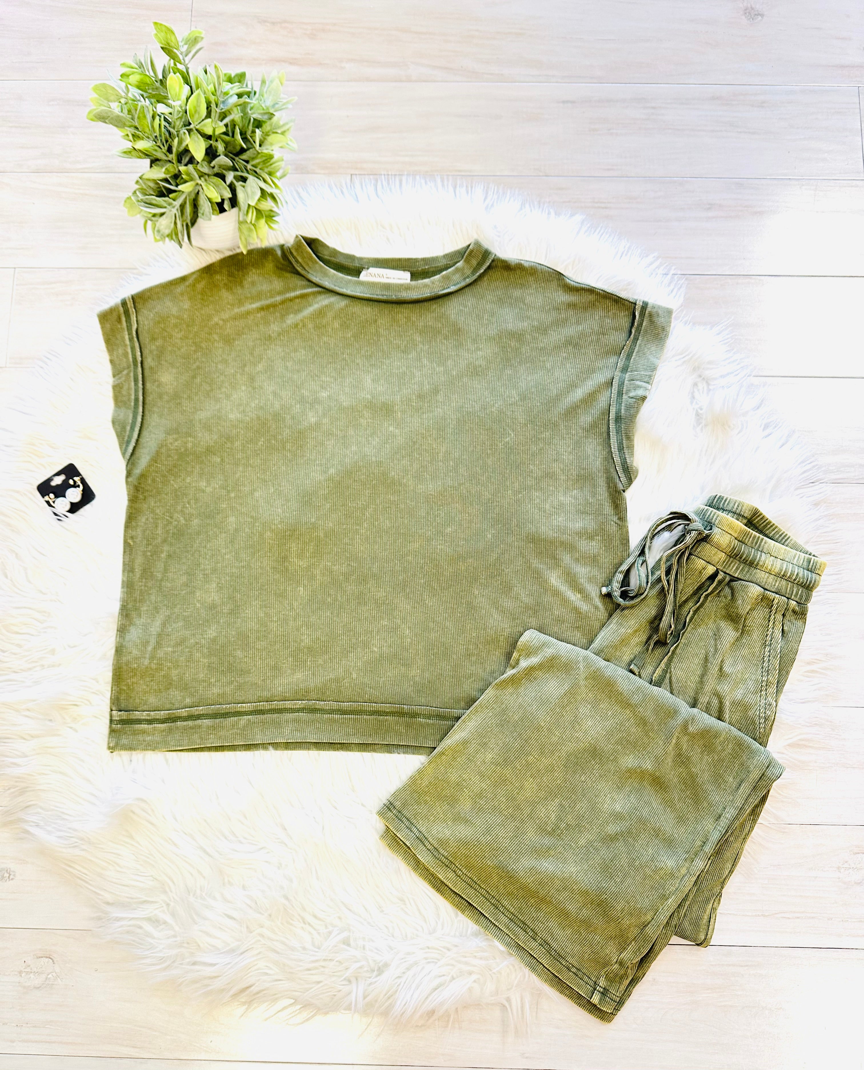 Women’s Zenana Dark Olive Acid Wash Pant Set