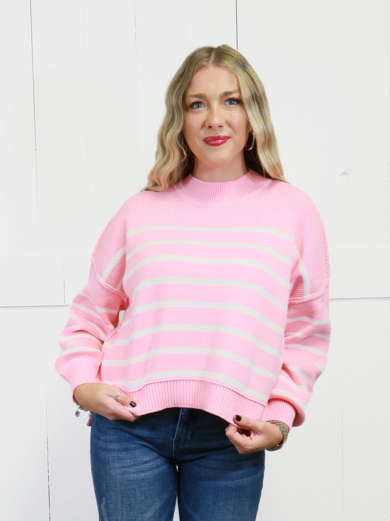 Women’s Stripe Exposed Seam Oversized Sweater Pink Top Pullover