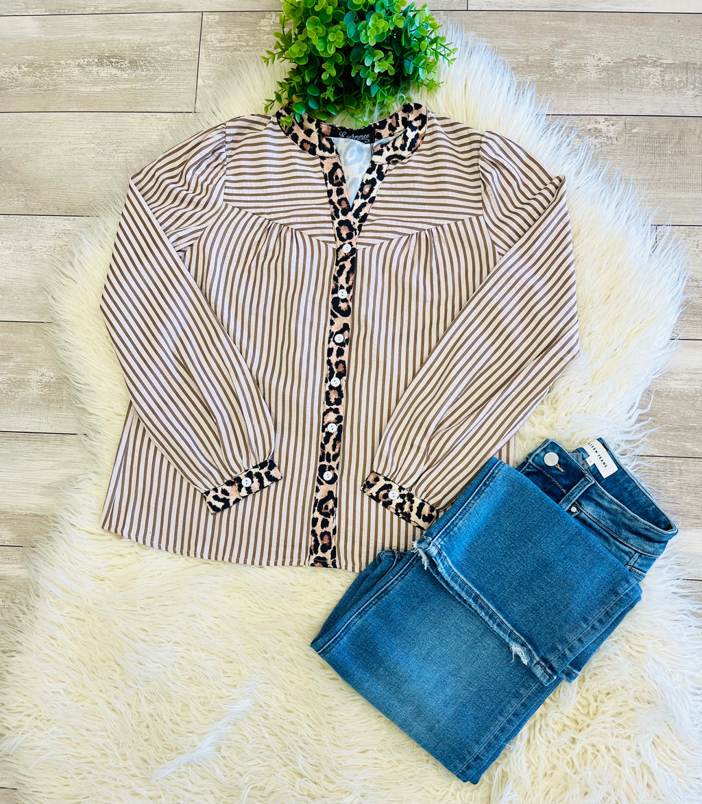 Women’s Brown Stripes with Leopard Trim Along The Neckline & Button Placket Blouse