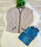 Women’s Brown Stripes with Leopard Trim Along The Neckline & Button Placket Blouse
