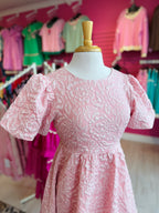 Women’s Blush Jacquard Mini Dress with Puff Sleeves and Tie Back