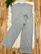 Women’s Zenana Grey Ribbed Cuff Sleeve Pant Set Loose Fit