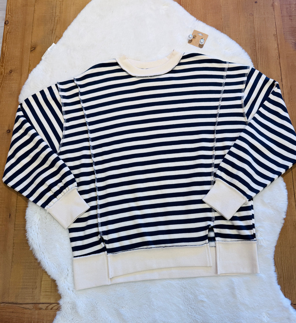 Women’s Zenana Navy Stripe Pullover with Side Slits