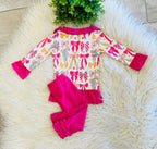Girl’s Vibrant Bow Pattern Pink Ruffle Trim Quarter Zip Outfit
