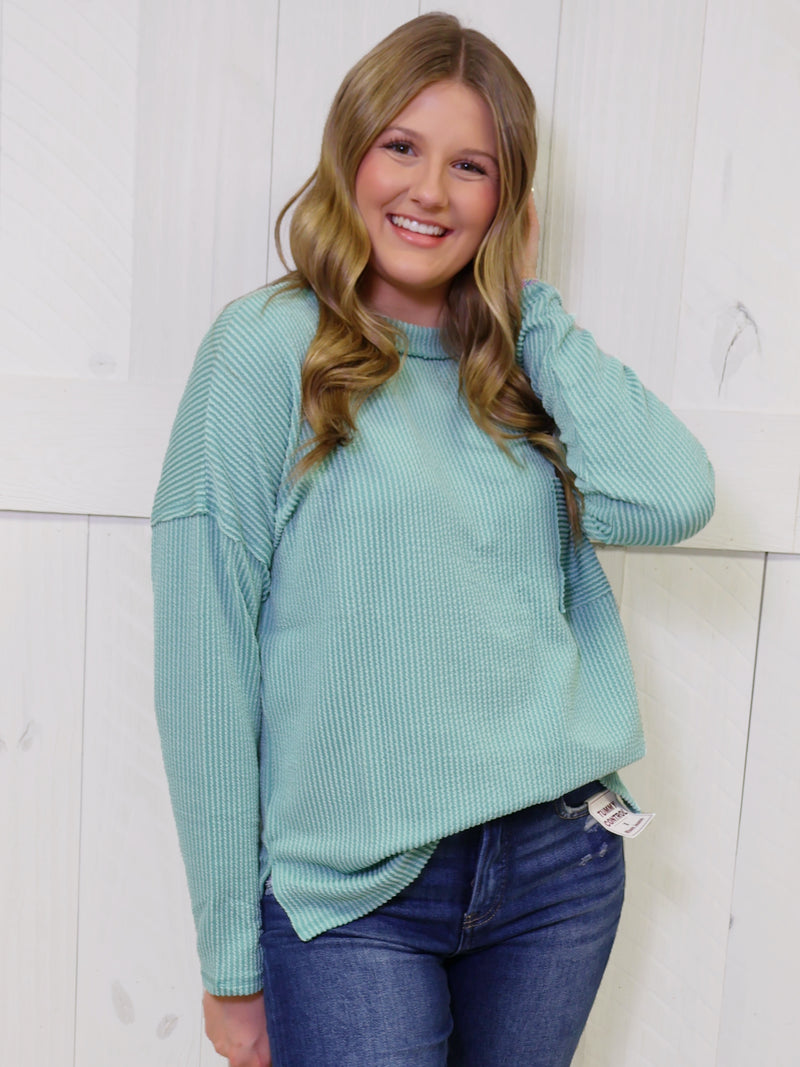 Zenana Ribbed Raw Edge Pocket Top Light Jade