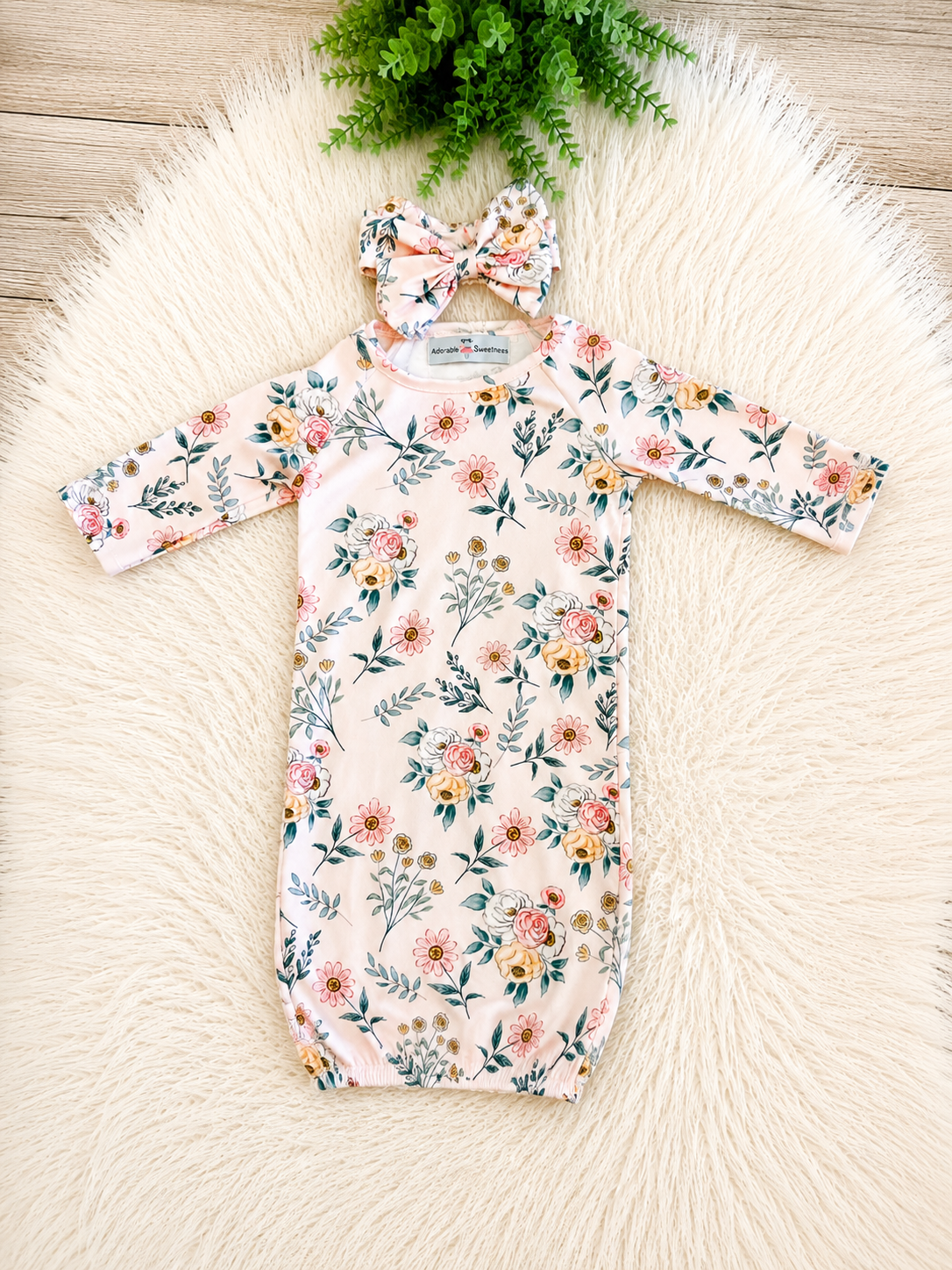 Girl’s Pink Mixed Floral Baby Gown wit Matching Headband
