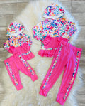 Girl’s Colorful Watercolor- Spot Ruffle Pink Kangaroo Pocket Outfit