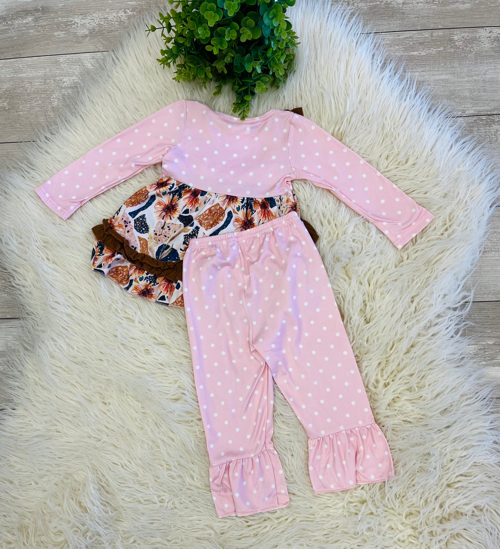 Girl’s Fall Floral Pink Polka Dot Pants Outfit