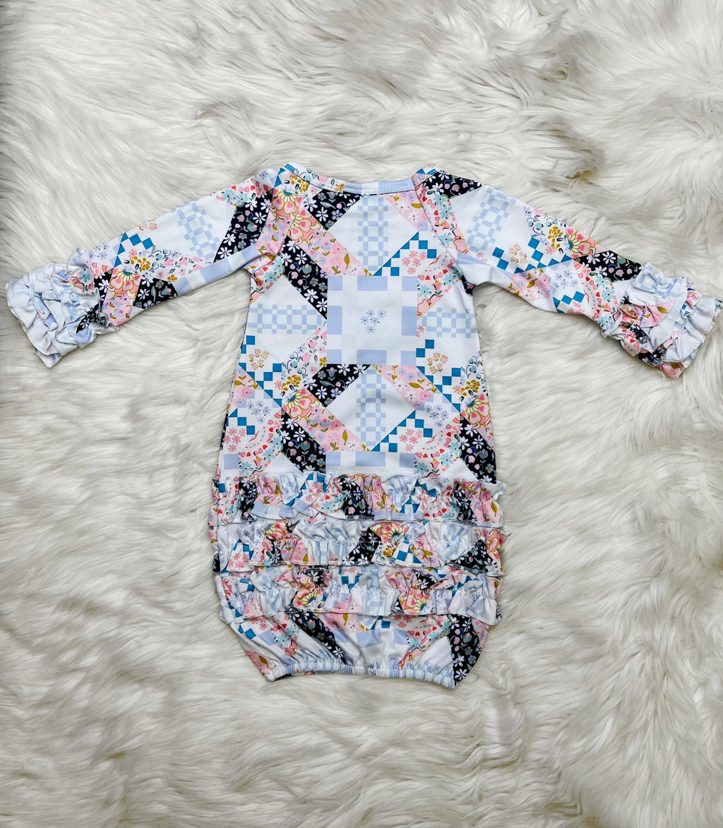 Girl’s Clover Cottage Quilted Newborn Gown and Bow Set