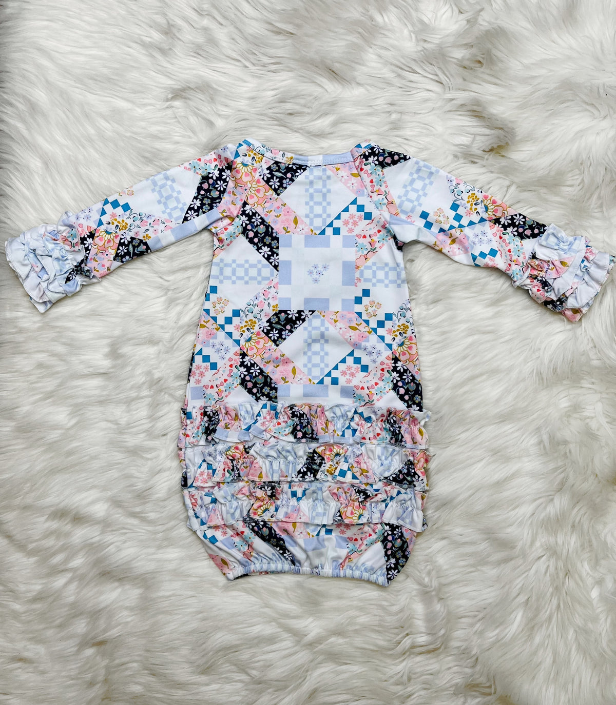 Girl’s Clover Cottage Quilted Newborn Gown and Bow Set