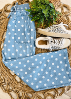 Relaxed Wide Leg Soft Polka Dot Chambray Denim Drawstring Pants