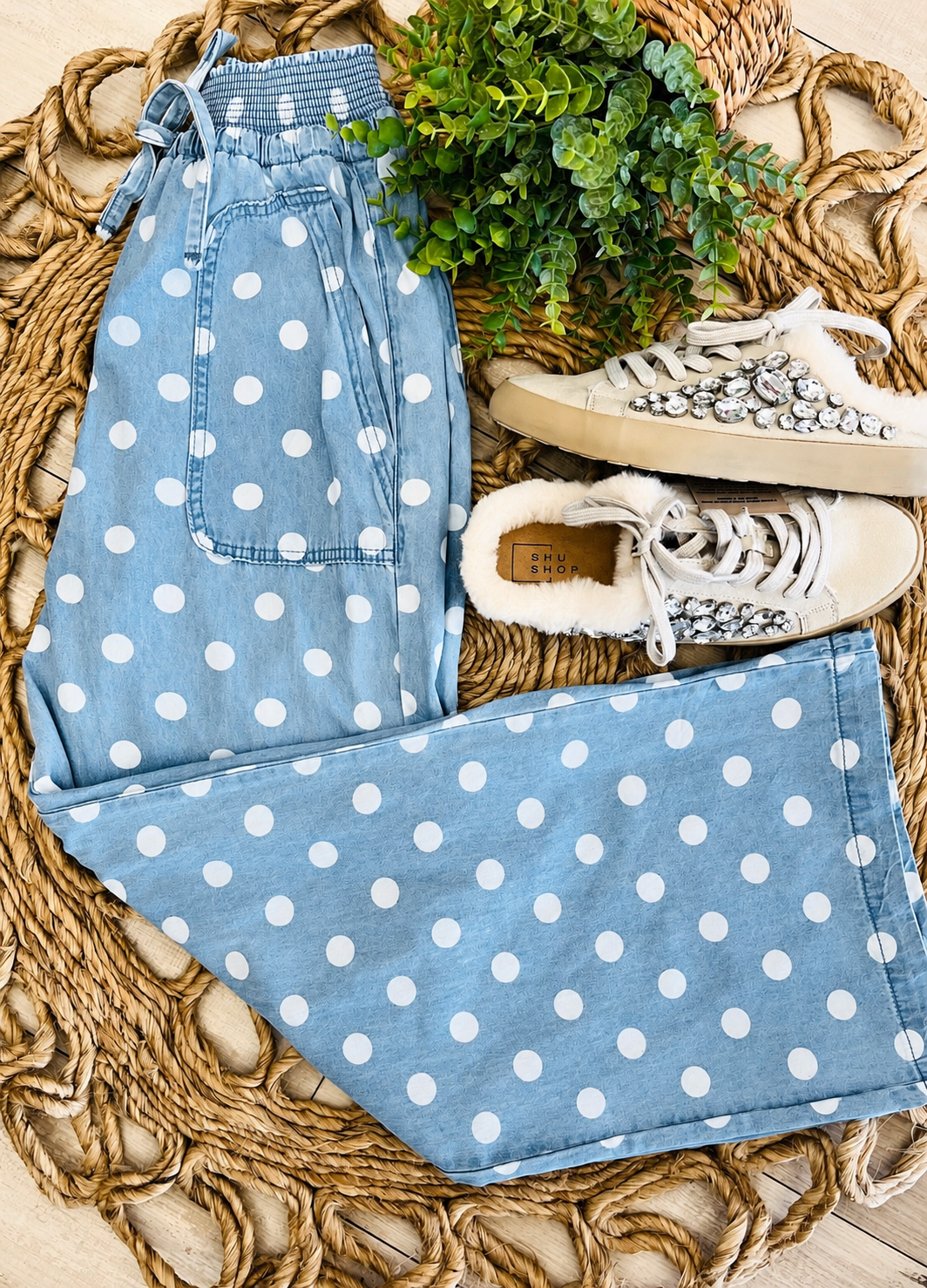 Relaxed Wide Leg Soft Polka Dot Chambray Denim Drawstring Pants