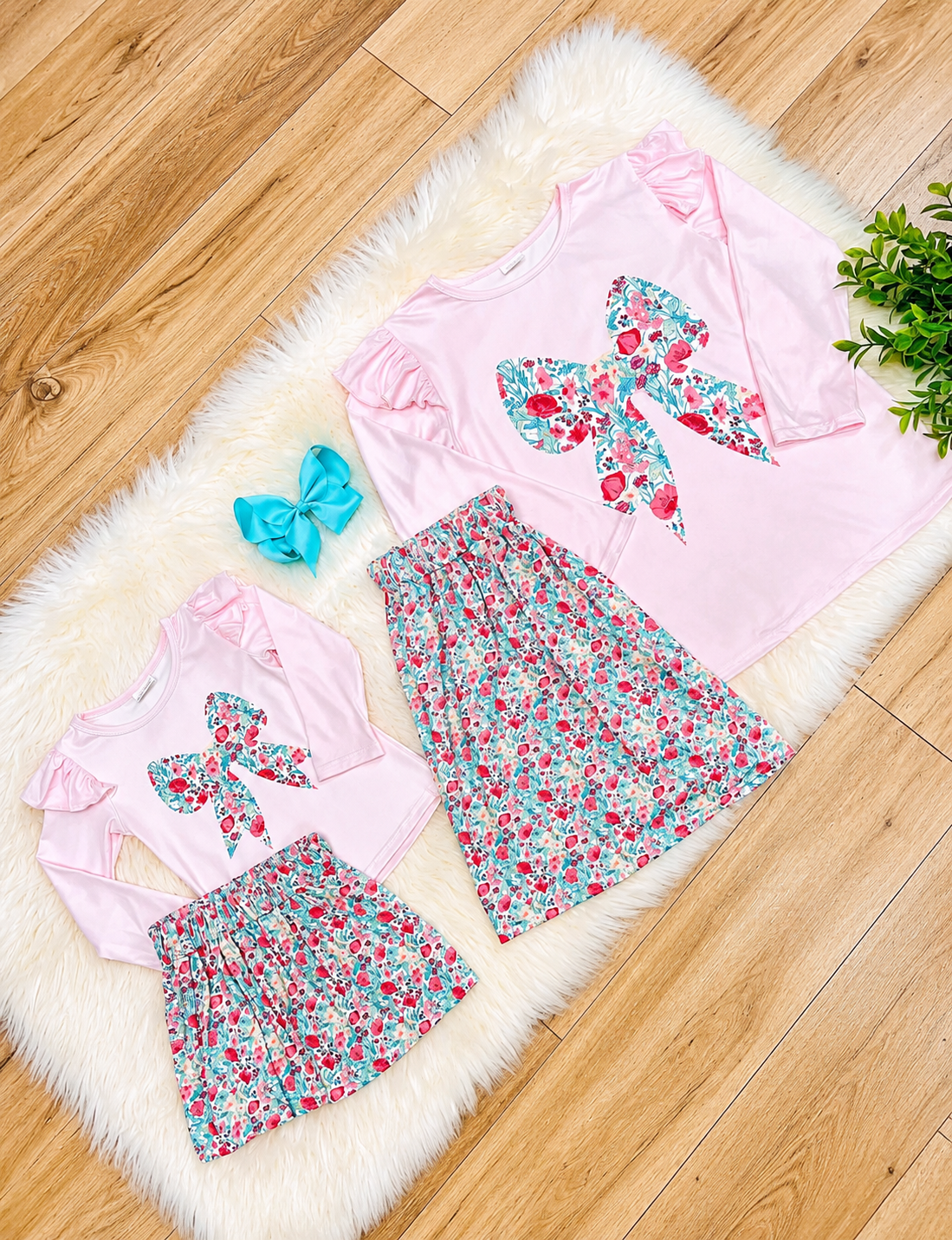 Girl’s Light Pink & Teal Floral Bow Long Sleeve Skirt Outfit