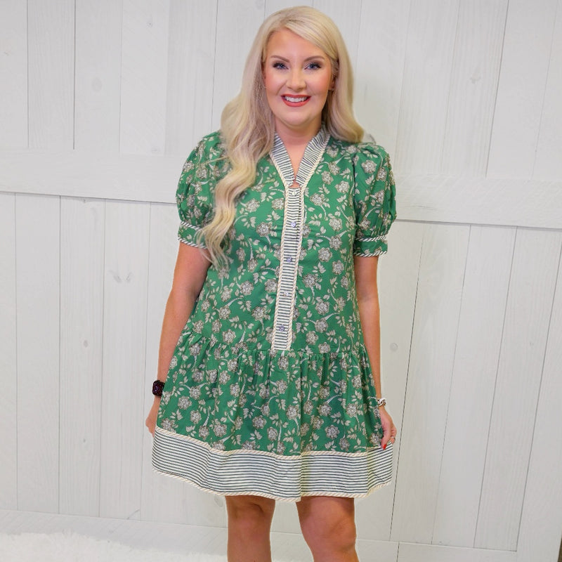 Green Split Neck Floral Button Dress