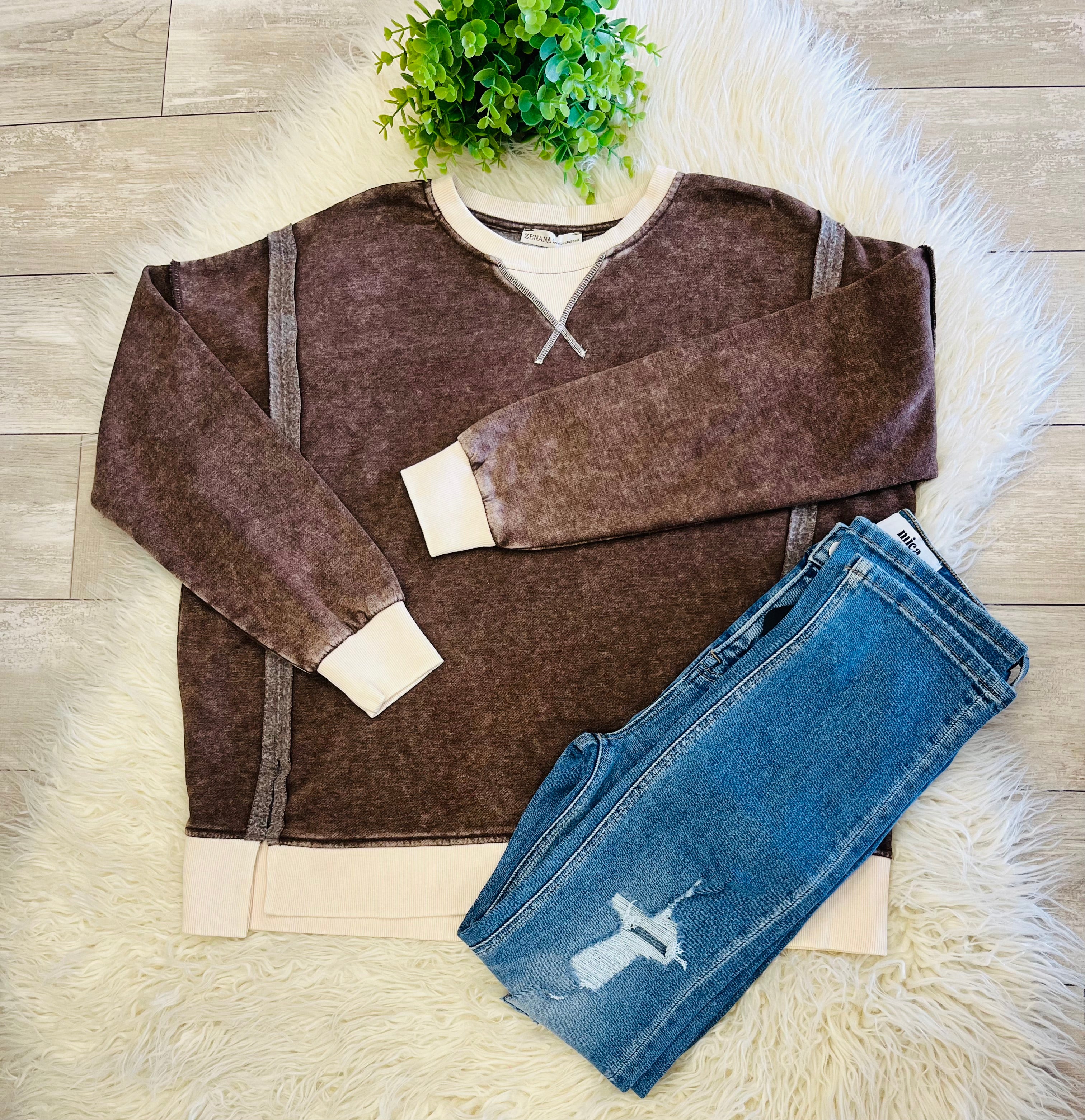 Women’s Zenana Washed Exposed Seam Sweatshirt In Chocolate Brown