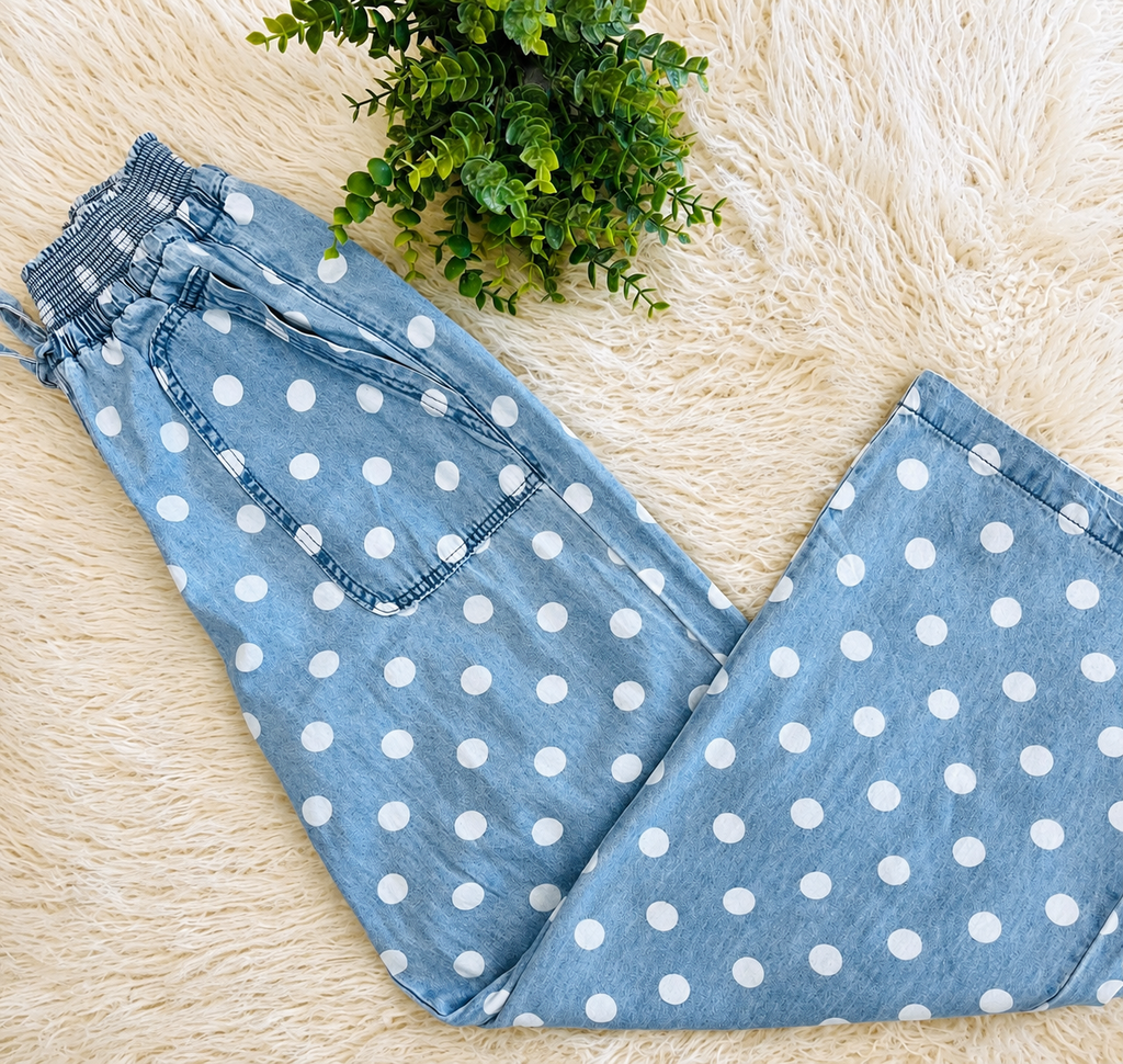 Relaxed Wide Leg Soft Polka Dot Chambray Denim Drawstring Pants