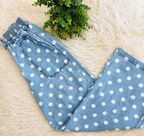 Relaxed Wide Leg Soft Polka Dot Chambray Denim Drawstring Pants