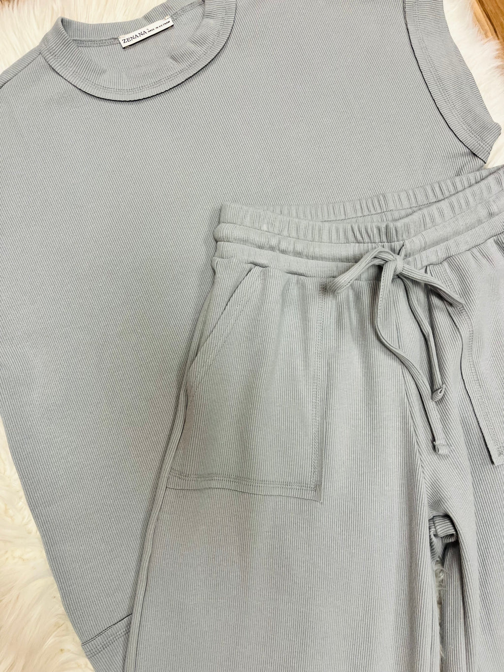 Women’s Zenana Grey Ribbed Cuff Sleeve Pant Set Loose Fit