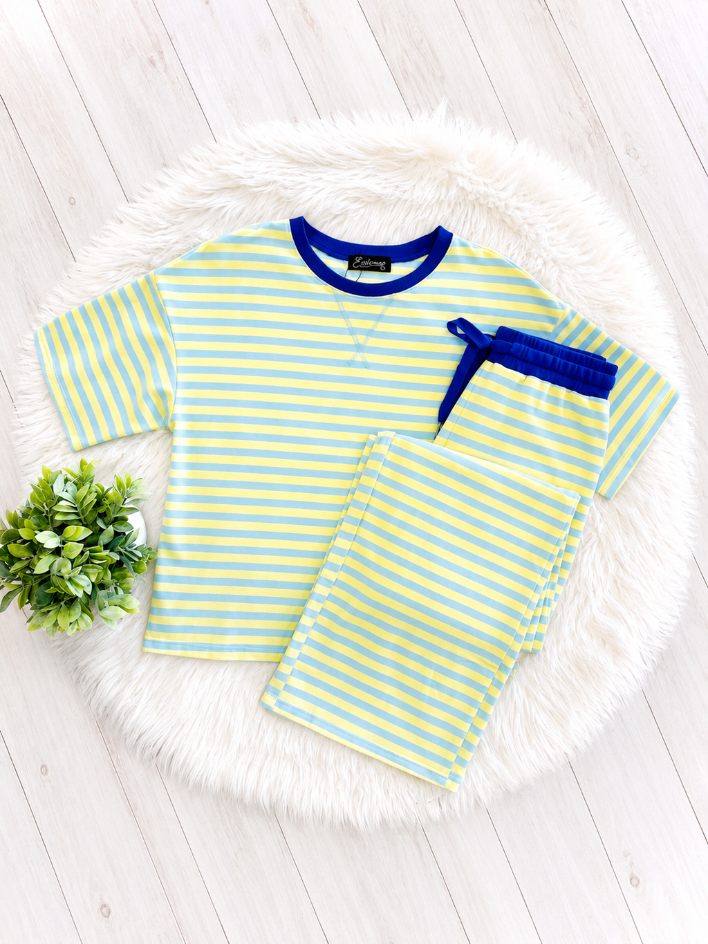Women’s Light Blue and Yellow Stripped Pant Set