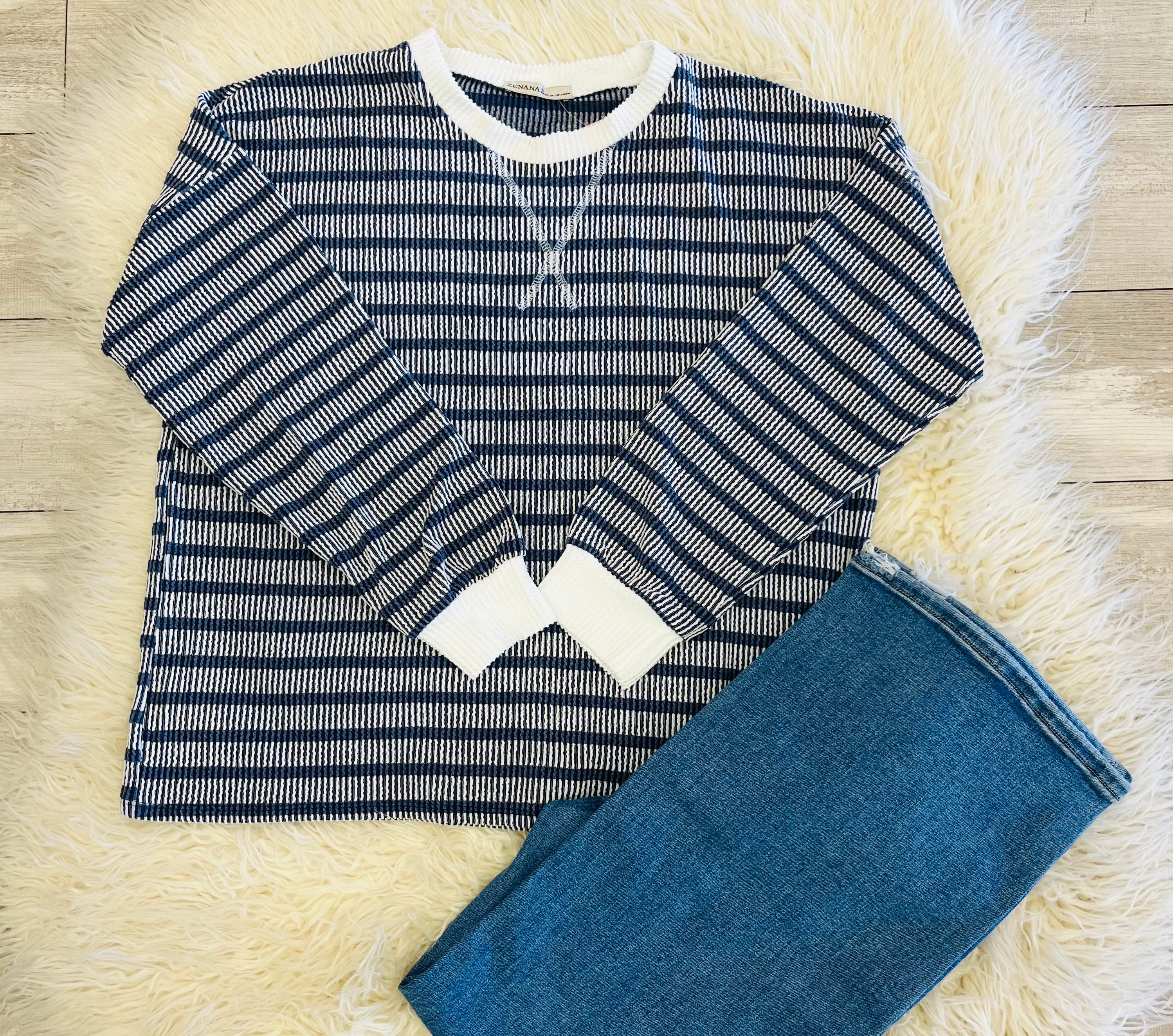 Women’s Ribbed Long Sleeve In Navy Zenana- True To Size