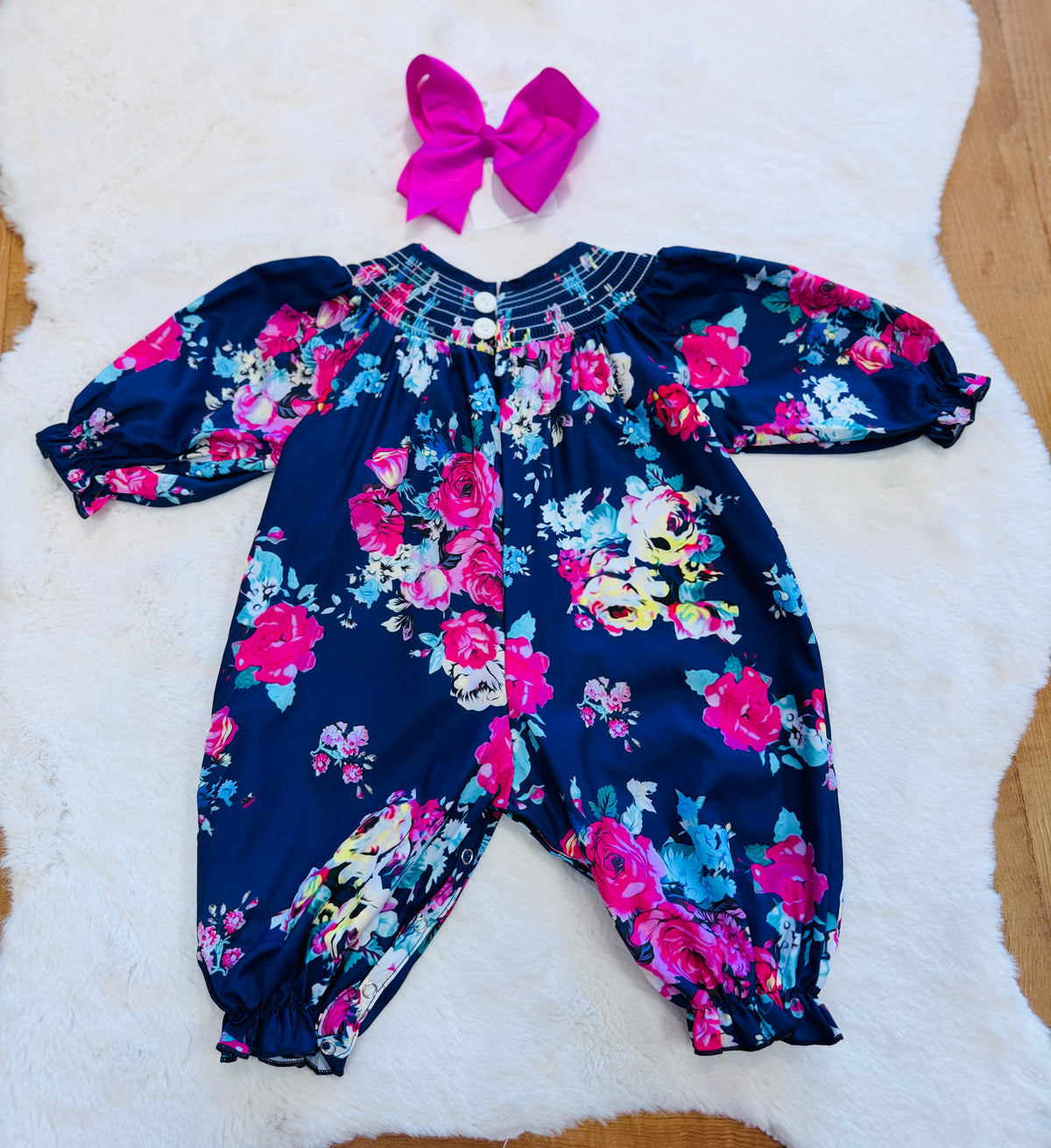 Girls Navy Floral Smocked Romper