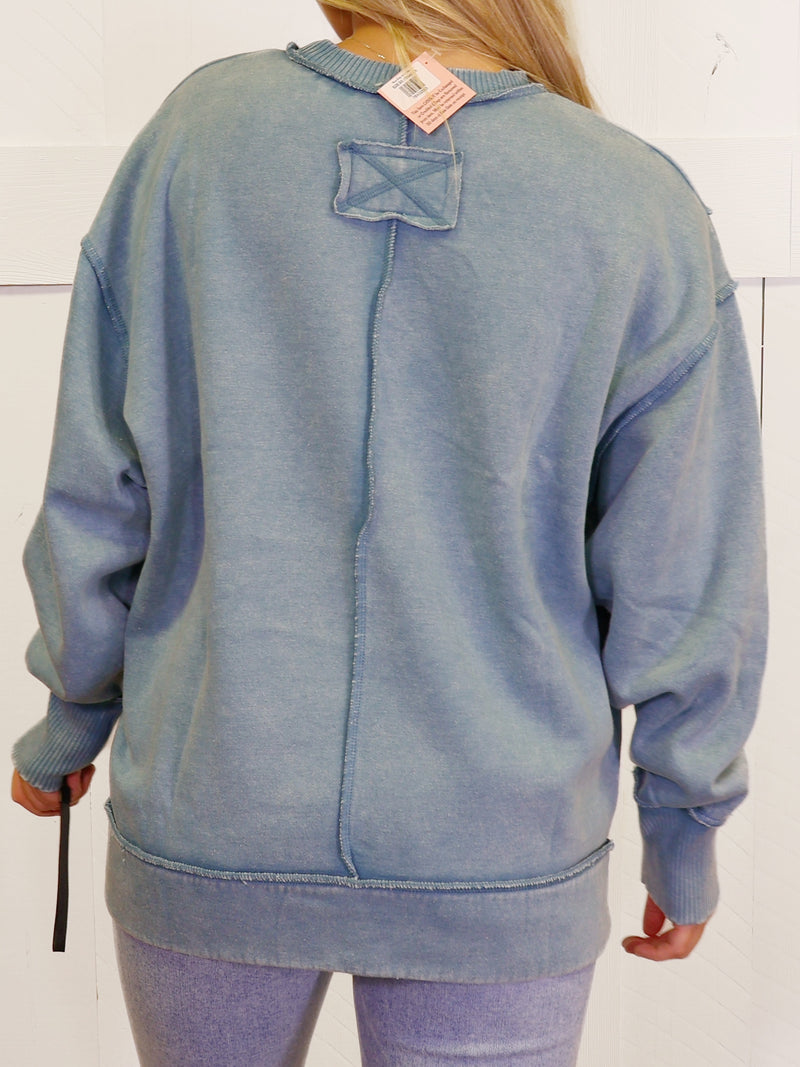 Blue Gray Acid Wash Exposed Seam Sweater Pullover Top