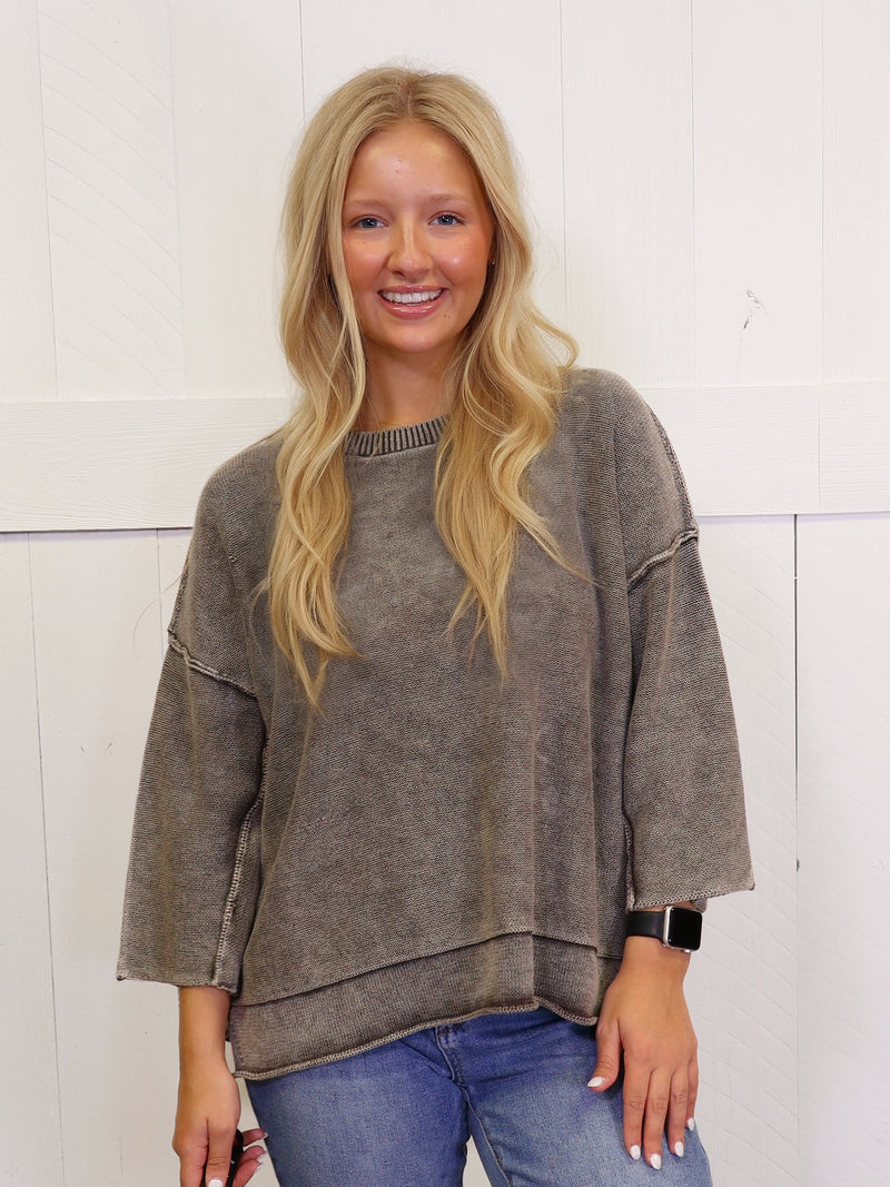 Brown Washed 3/4 Sleeve Boxy Sweater Pullover Top