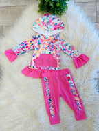 Girl’s Colorful Watercolor- Spot Ruffle Pink Kangaroo Pocket Outfit