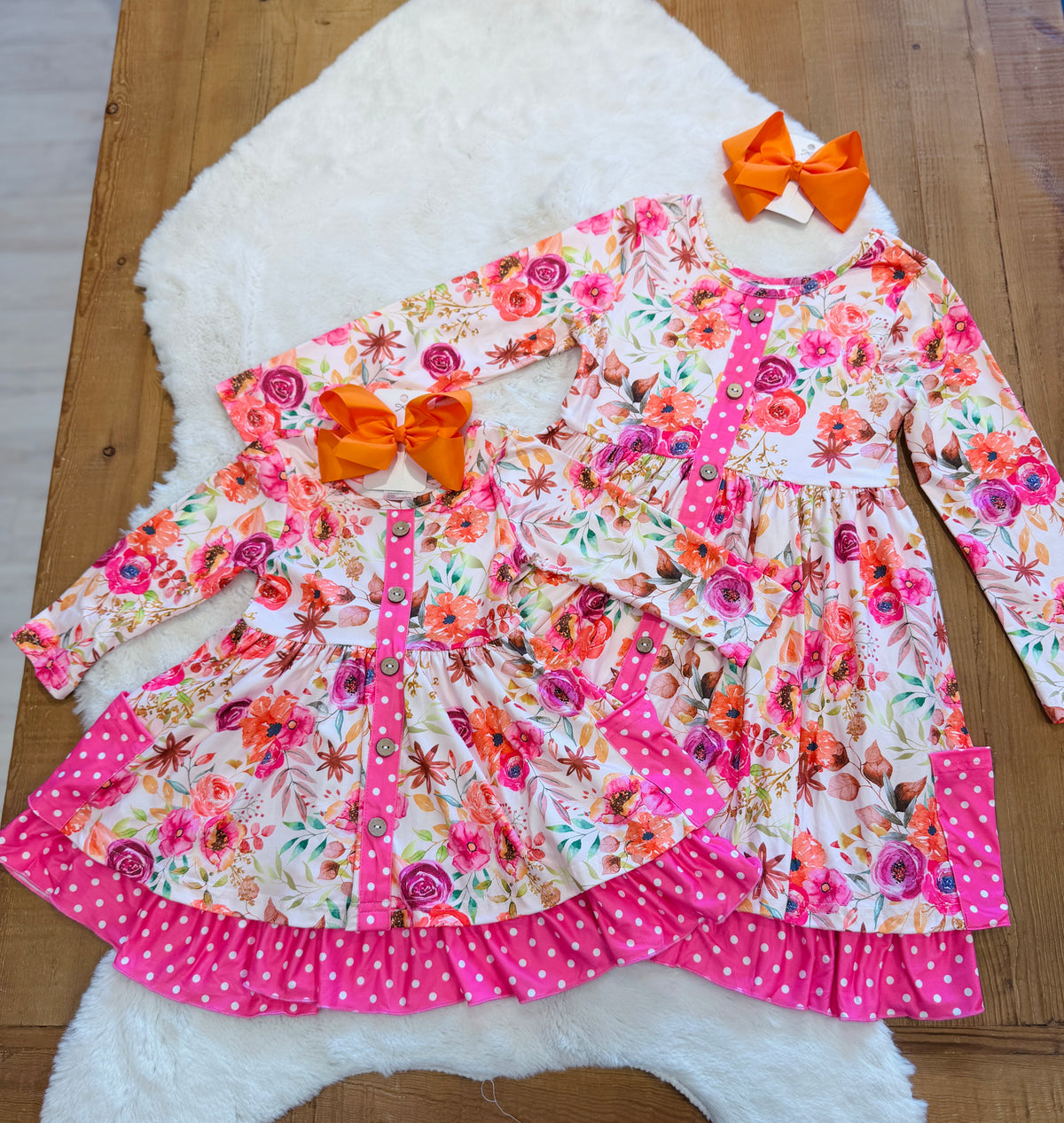 Girls Fall Floral Button Ruffle Dress