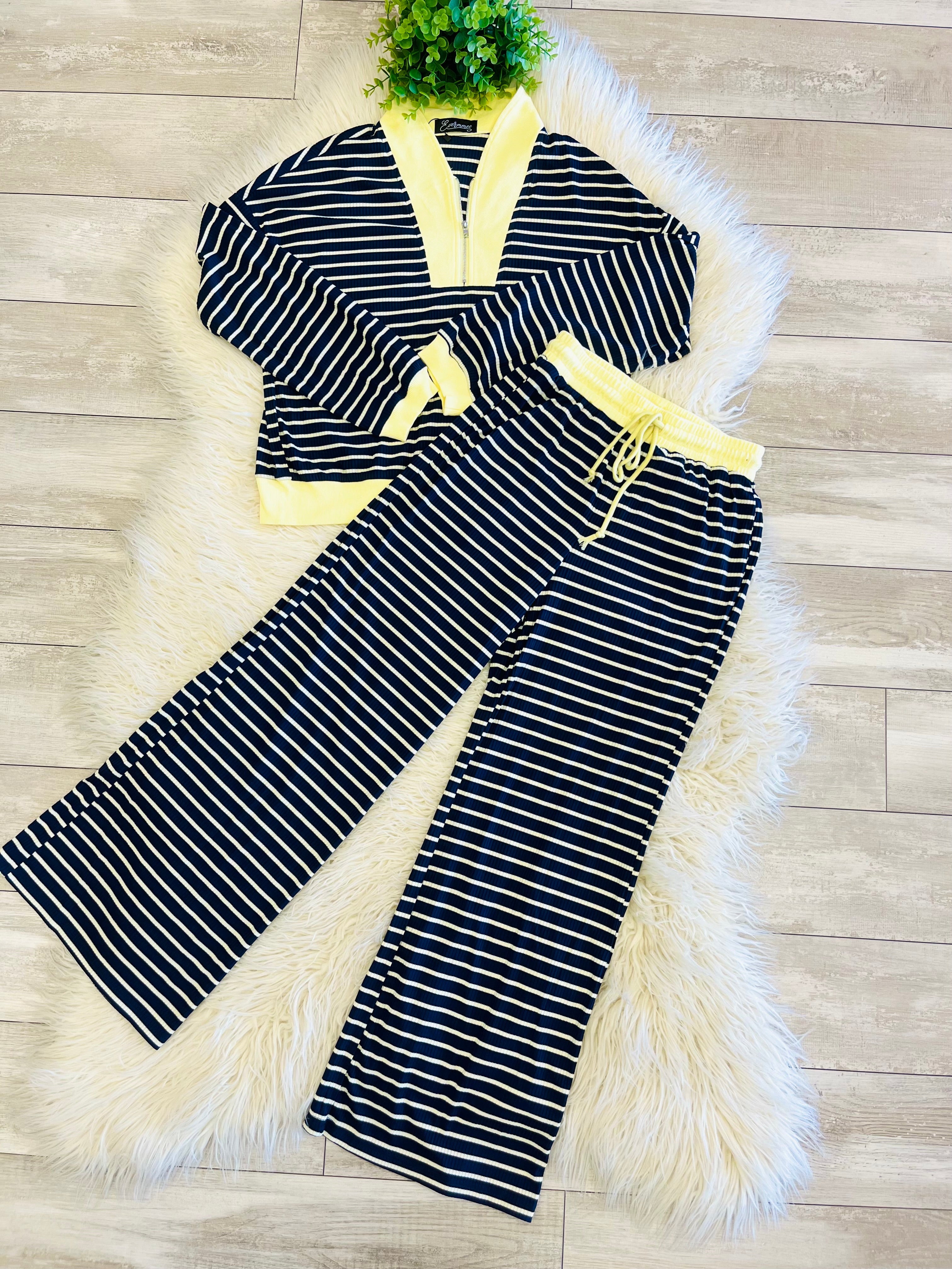 Women’s Navy & Yellow Stripe Quarter Zip Set